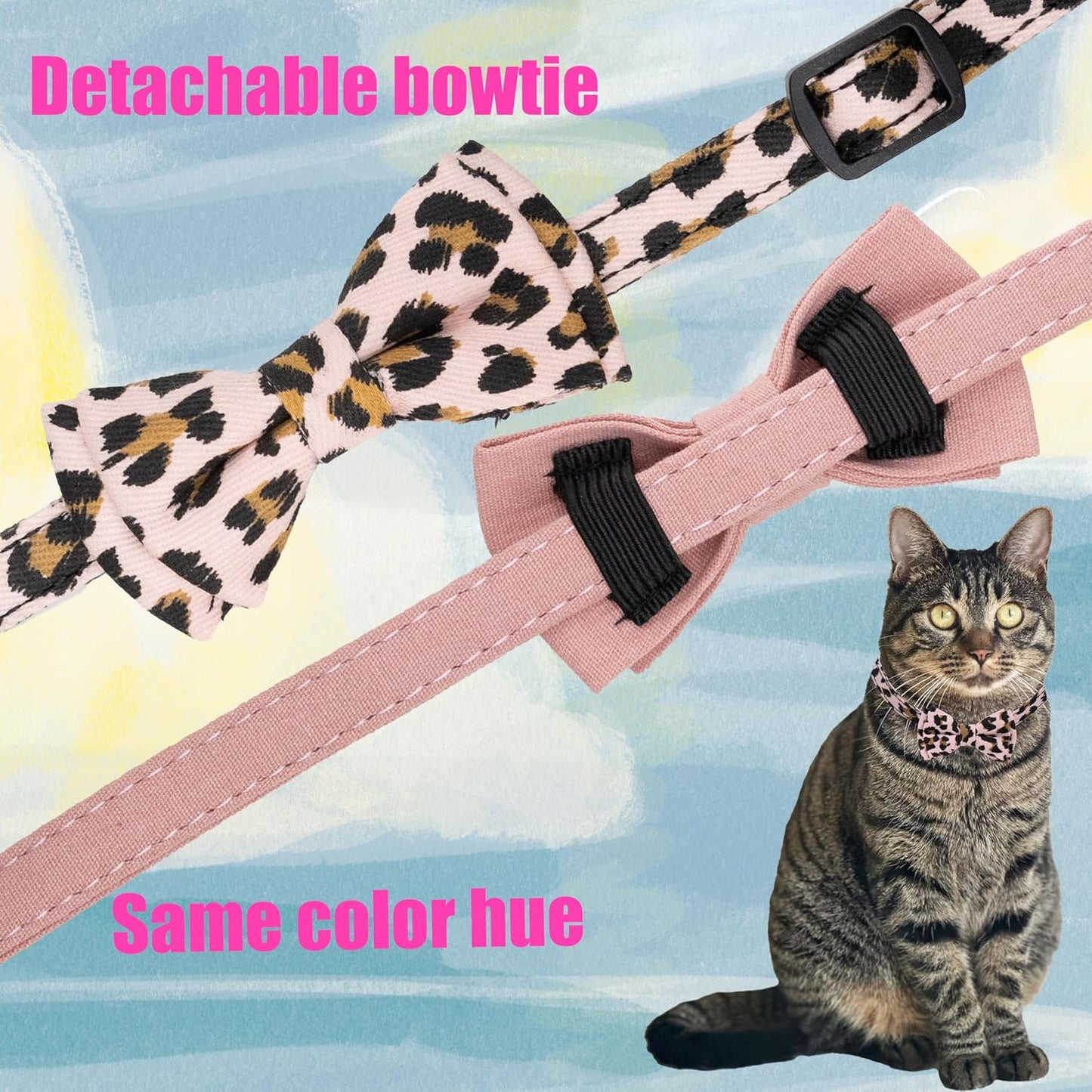 Collar for Cats Pets Breakaway with Bell Bowtie Floral Bow Detachable Adjustable Safety Puppy 2Pcs Pink Leopard & Pure
