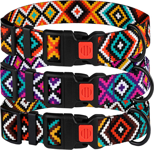 Purple Geometric Dog Collar, Pet Collar for Small Medium Large Dogs or Puppies with Quick Release Buckle, Yellow Orange Pattern, Adjustable Nylon (Teal, Neck Fit 12"-16")